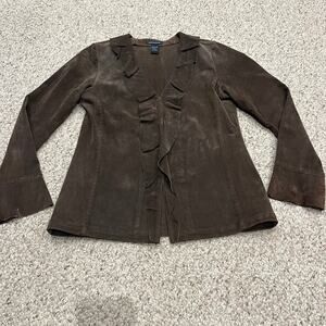 Boston Proper Y2K Suede Leather Jacket Sz 8 Brown Ruffle Collar Grunge